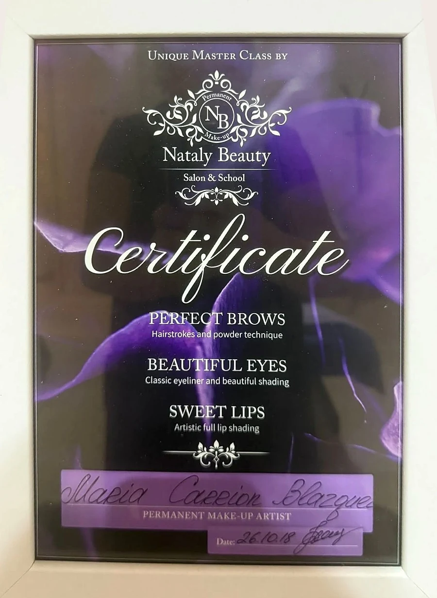 Certificado Permanent Make-up Artist de Nataly Beauty Salon & School a nombre de Maria Carrión
