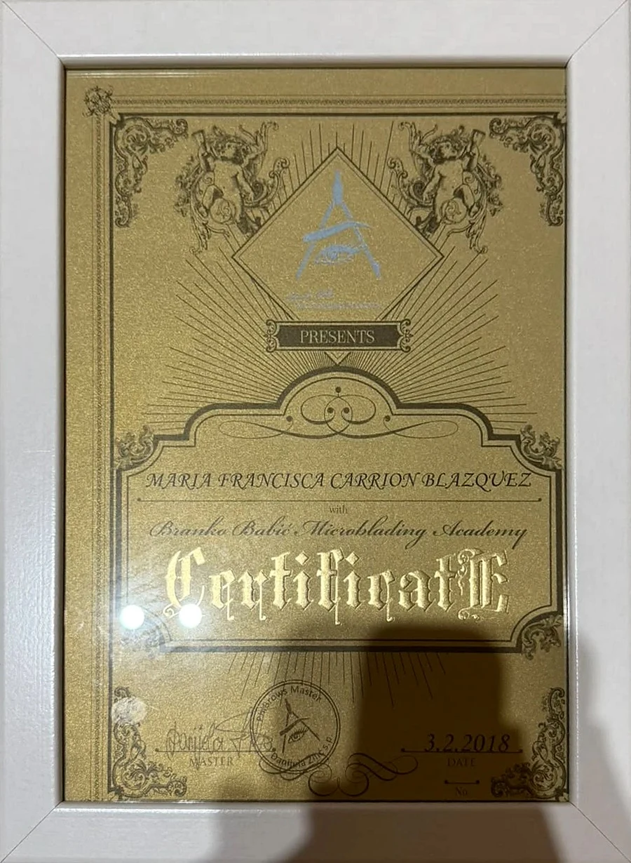 Certificado Certificado PhiBrows de Branko Babić Microblading Academy a nombre de Maria Carrión